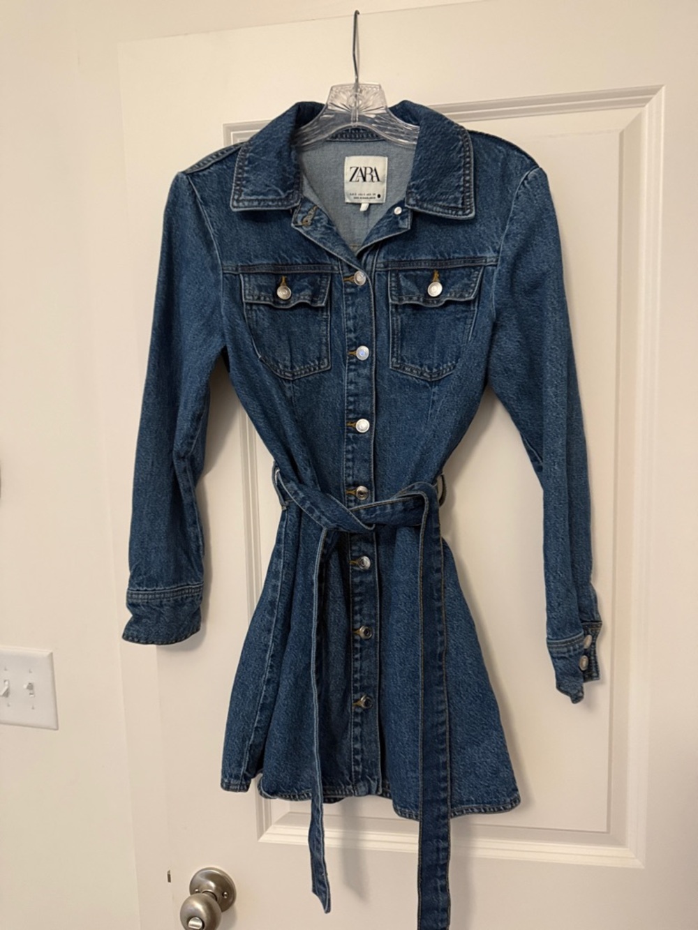 Zara Indigo Denim Button-Front Dress with Tie Belt